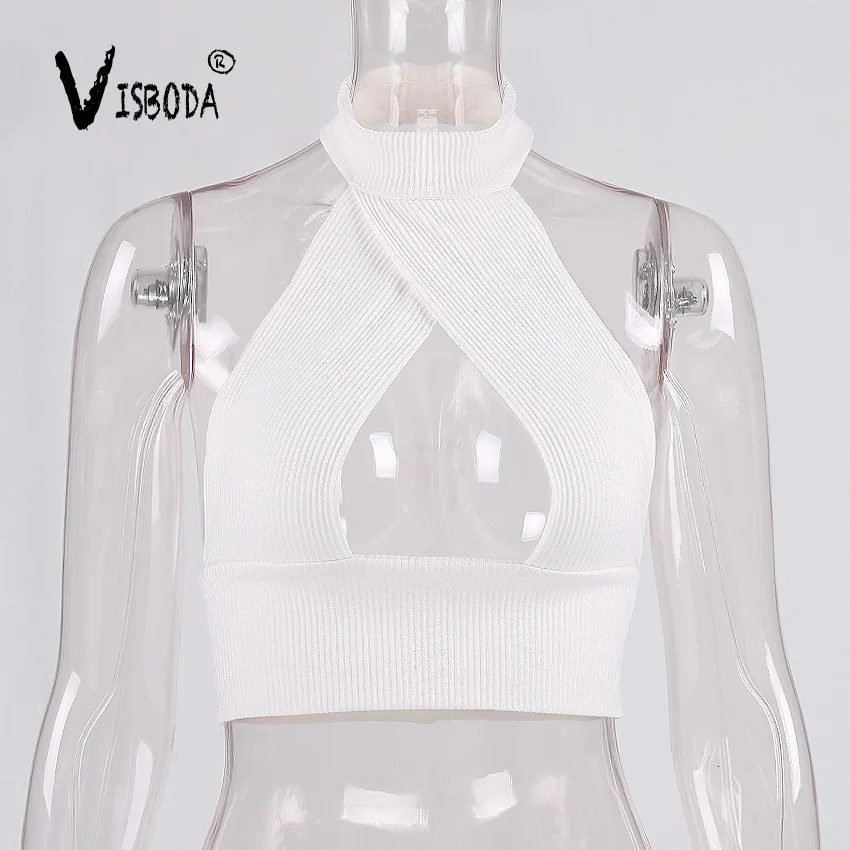 Women Sexy Black Cropped Tank Top Fashion White Backless Halter Vest Lady Knitted Hollow Out Sleeveless Bralette Top Party Wear