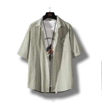 

2020 Fashion Men Summer Stripe Print Buttons Turn Down Collar Short Sleeve Shirt Top plaid student shirt casual shirt trend