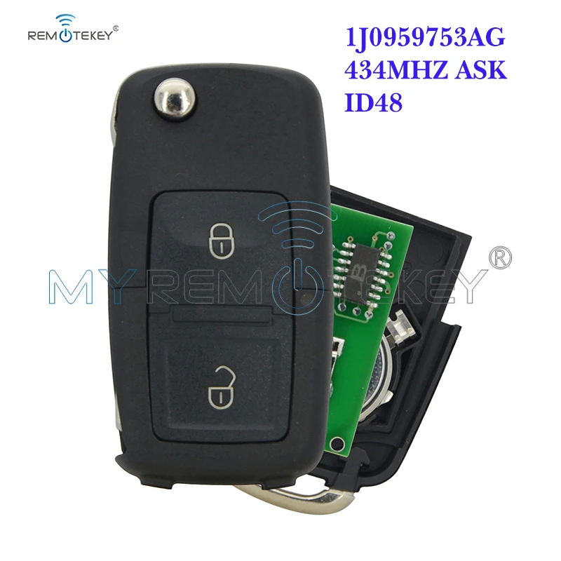 Remtekey Flip Car Remote Key For VW Volkswagen Passat Golf Bora Beetle Skoda Seat 2 button 1J0959753AG ID48 ASK 434Mhz 2000-2005