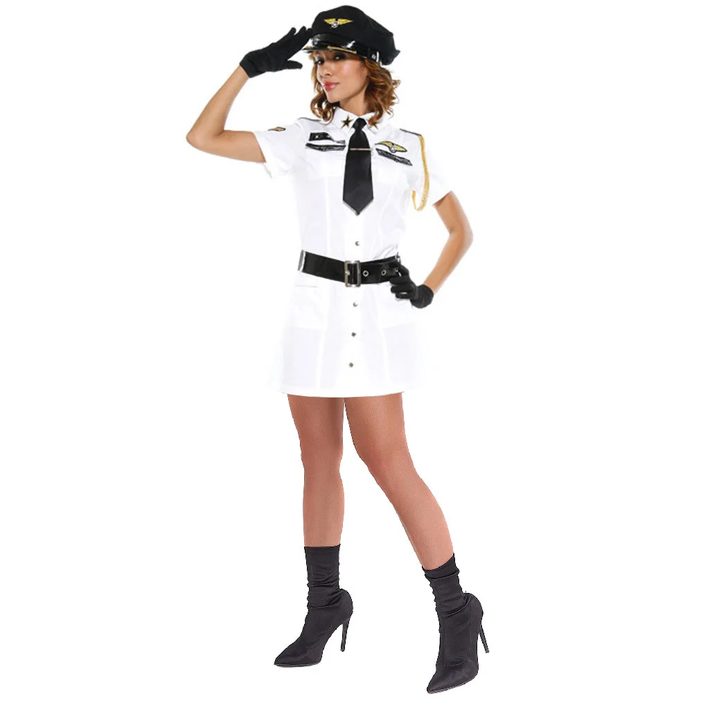 

Sexy Female White Military Pilot Flight Attendant Fancy Costume Halloween Purim Party Stewardess Air Hostess Cosplay Dress