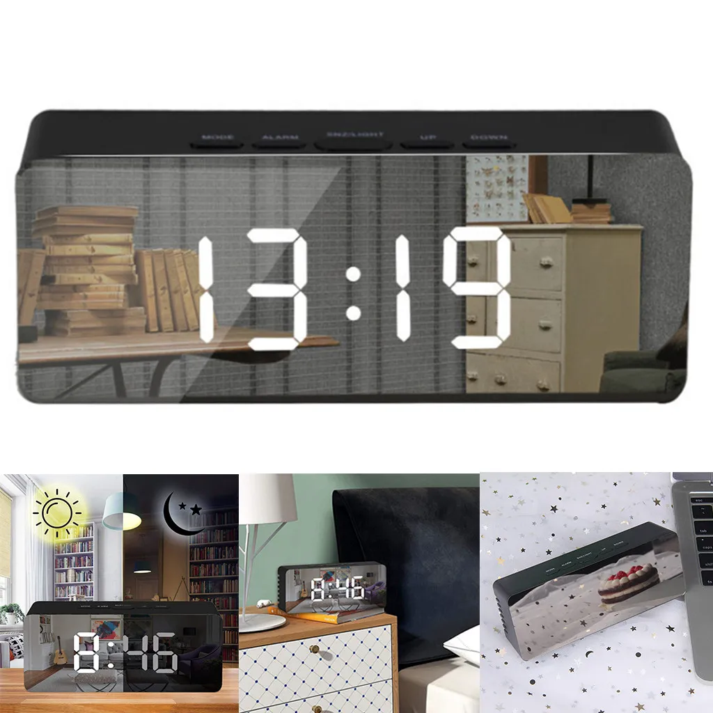 

LED Mirror Alarm Clock Digital Snooze Table Clock Wake Up Light Electronic Large Time Temperature Display Home Decoration M
