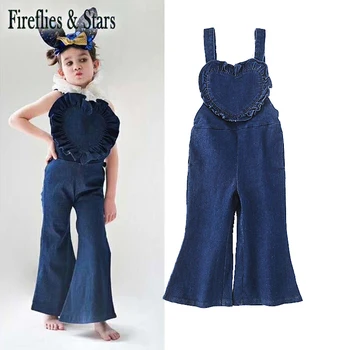 

Spring Summer denim baby overall girls flared jumpsuit kids overall children suspender trousers pleated heart pattern 1 to 7 yrs