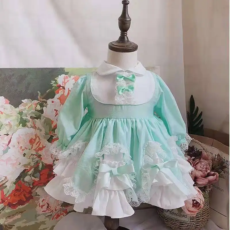

Autumn Winter 0-6Y Spanish Lolita Party Dress For Baby Girl Mint Green Princess Long Sleeve Bow Ball Gown For Children Clothes