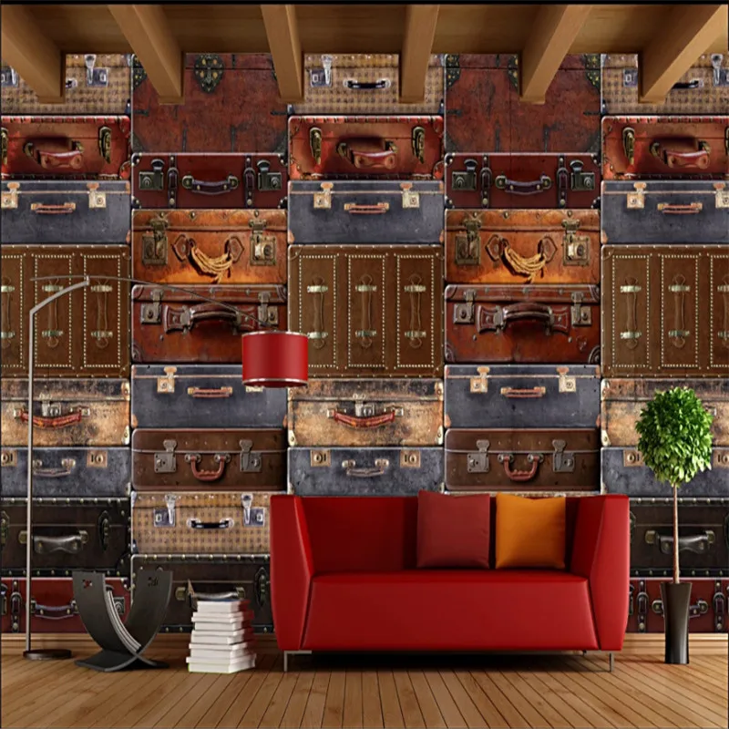 Ретро Ностальгический чемодан багажный фон Настенные обои 3D Кафе Ресторан Бар