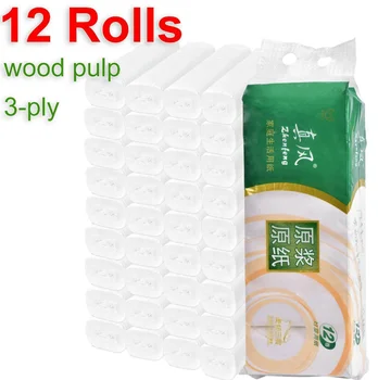 

12 Rolls Wood Pulp Toilet Paper Bulk Bath Tissue Bathroom White Soft 4 Ply Napkin Papers Household Merchandises