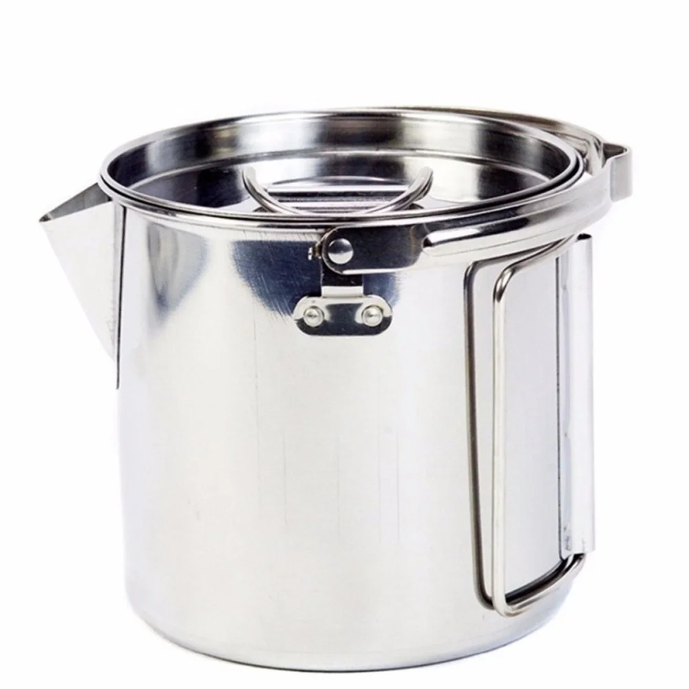 

Camping Water Cup Stainless Steel Kettle with Foldable Handles Lid Portable Hanging Pot for Outdoor Hiking Backpacking Picnic