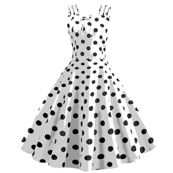 

Plus Size Women Vintage Dress White Polka Dot Print Summer Dress Bowknot Zipper Sleeveless Dress 50S 60S Elegant Party Vestidos