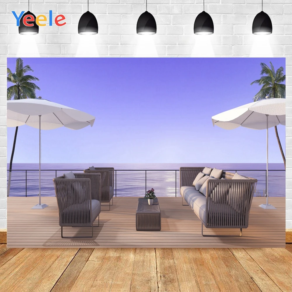 Yeele Outdoor Near The Blue Sea And Sky Umbrellas Relaxing Background Photophone Photography Backdrops for Decor Customized Size |