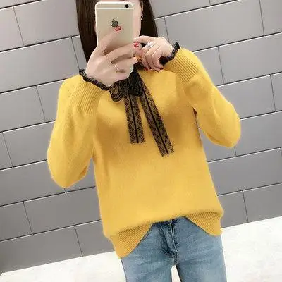 Зимний женский свитер, Модный милый воротник, длинный рукав, однотонный, уличная одежда, тонкий секционный джемпер, пуловеры - Цвет: Цвет: желтый