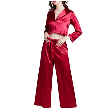 

NIOWORLD pyjamas women sleepwear sexy pajamas Long sleeve trousers lingerie womens Pajama Sets Satin lace nightwear pijama mujer