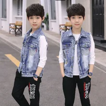 Комплекты для мальчиков; сезон весна-осень; ковбойские жилеты стиль корейско-Стиль для больших мальчиков детские футболки для мальчиков с откидной Воротник майка с аппликацией; модные