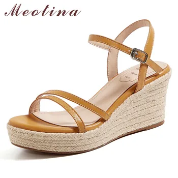 

Meotina Espadrille Real Leather High Heel Sandals Platform Wedge Heels Women Shoes Buckle Dress Footwear Ladies Summer Sandals