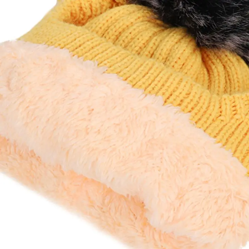 Toddler Kids Thicken Plush Lining Knitted Earflap Hat Cute Cartoon Cat Ears Pompom Ball Baby Winter Cuffed Beanie Cap Ear Warmer