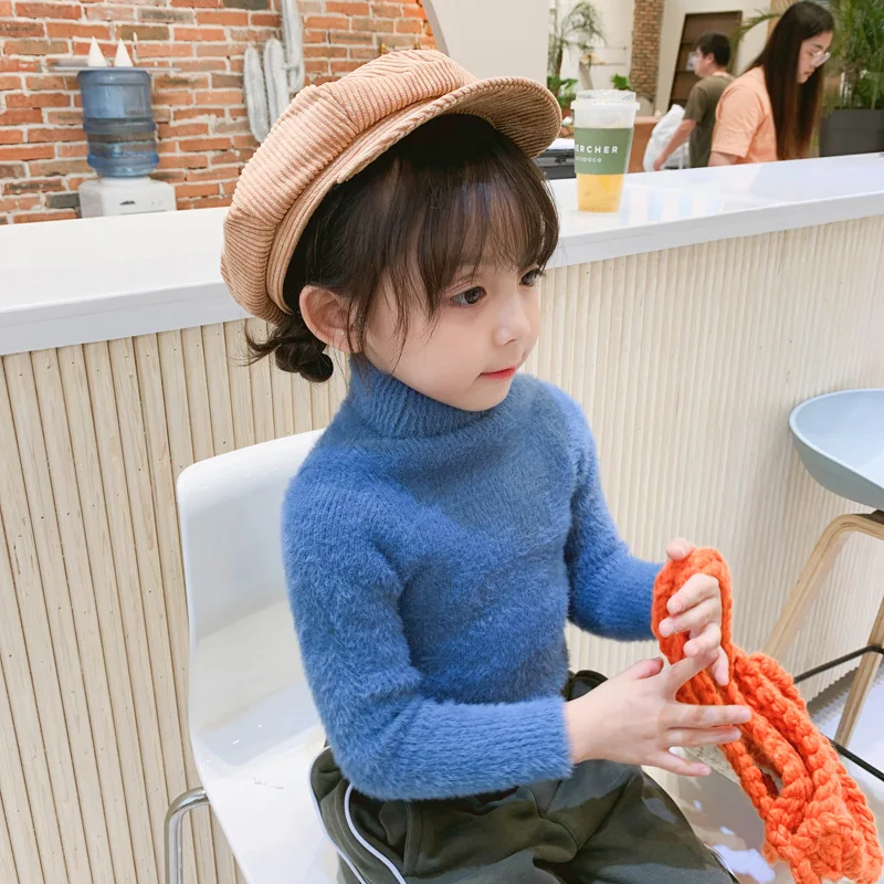 Winter Solid Baby Girls Sweater Turn Down Collar Boys Clothes Children Warm Fur Long Sleeve Girl Knitwear Kids Cardigan