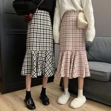 Невероятно милые домашние тапочки! Твидовая клетчатая юбка с оборками, приталенная юбка-Русалка средней длины, Осень-зима, Kawaii Jupe Femme Falda Mujer Gonne goning Saia