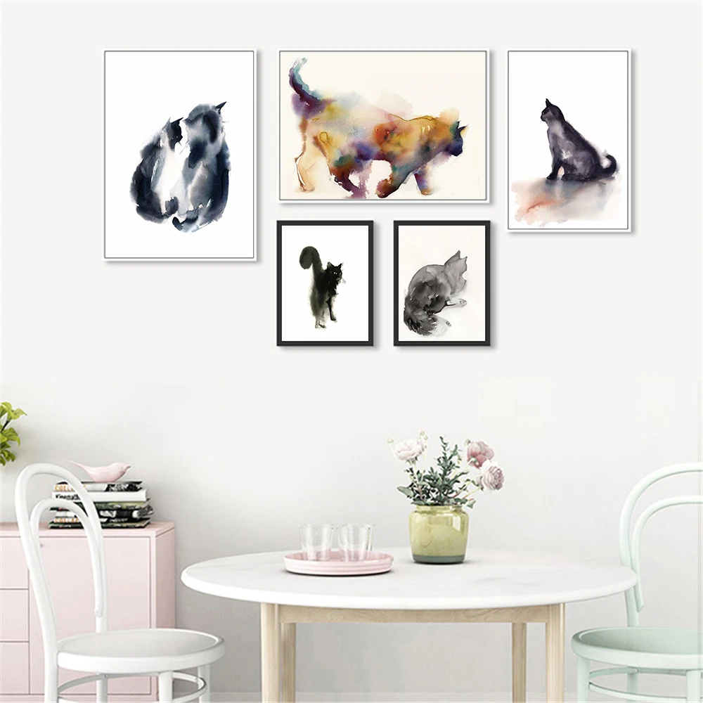 

Canvas Prints Abstract Oil Painting on Black Cat Watercolor Living Room Decoration Animals Home Decor Wall Art Picture Cuadros