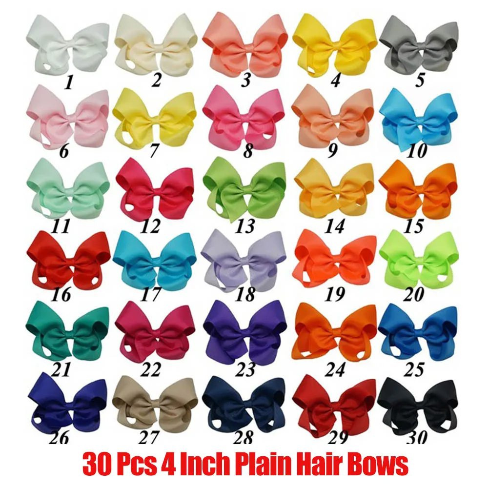 30 Pcs 4 Inch Plain 20-60 шт. Ленточные банты для волос для девочек, ручная работа, сплошная корсажная лента, ленты для волос, детские заколки для волос, набор аксессуаров для волос - Цвет: 30 Pcs 4 Inch Plain