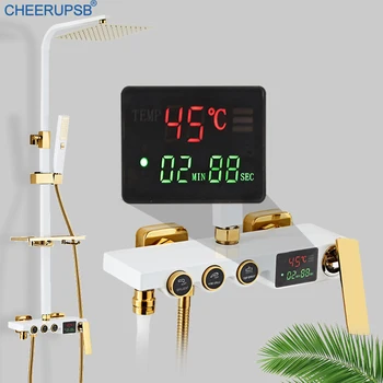 

Set Doccia Bathroom Led Light Black Shower System Wall Rainfall Waterfall Thermostatic Mixer Bath Tap Luxury Bathtub Sky Rain