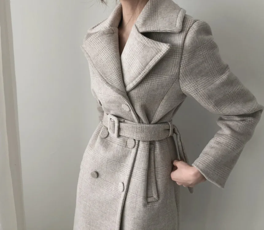 Женское новое шерстяное Модное Длинное клетчатое пальто с поясом офисное Женское пальто Блейзер Пальто