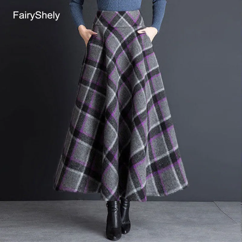 Женская плиссированная юбка FairyShely винтажная шерстяная размера плюс Макси-юбка в