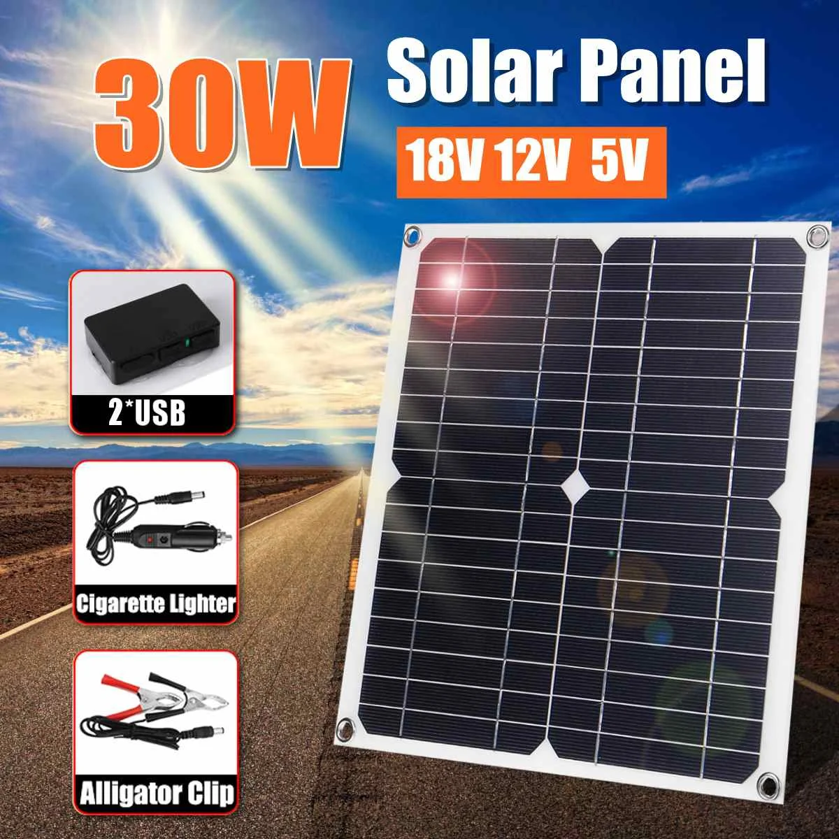 New Design 30W 12V Mono Solar Panel USB Battery Charger Power Bank For Mobile Phone Camping Charger Ultra Thin High Efficiency