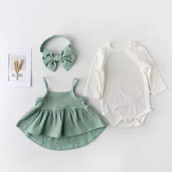 

3pcs Toddler Infant Spring Baby Dress+Romper+Bow Headband Baby Girl Gift Set 3 6 9 12 18 24 Month Baby Clothes OBS204043