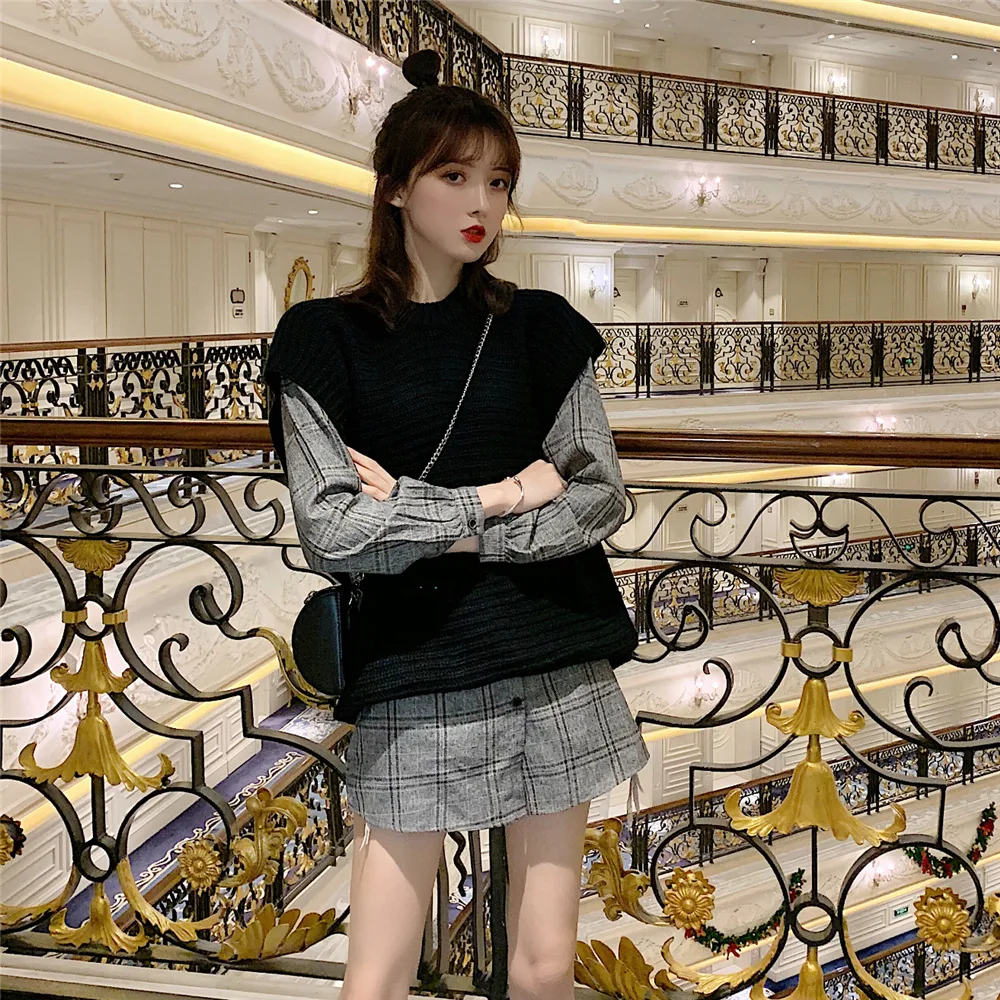 

Normcore Style Knitted Pullover Waistcoat + Plaid Versatile Base Shirt Two-Piece Set