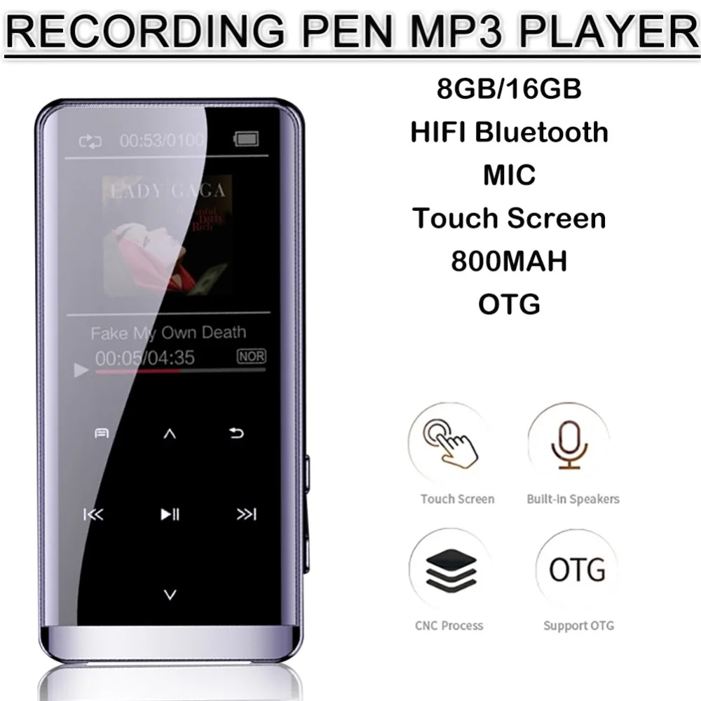 OTG mp3-плеер диктофон Bluetooth 4,2 сенсорный экран мини HIFI 5D MP3 музыкальный плеер 8 Гб ультра тонкий 1,8 дюймов mp3-плеер