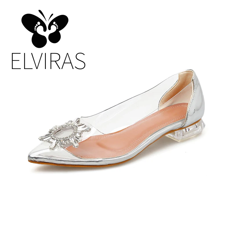 

ELVIRA PVC Pumps Women Shoes Rhinestone Sandals Transparent Pointed Toe Sexy Low Hee l Wedding Shoes sandalias mujer 2019