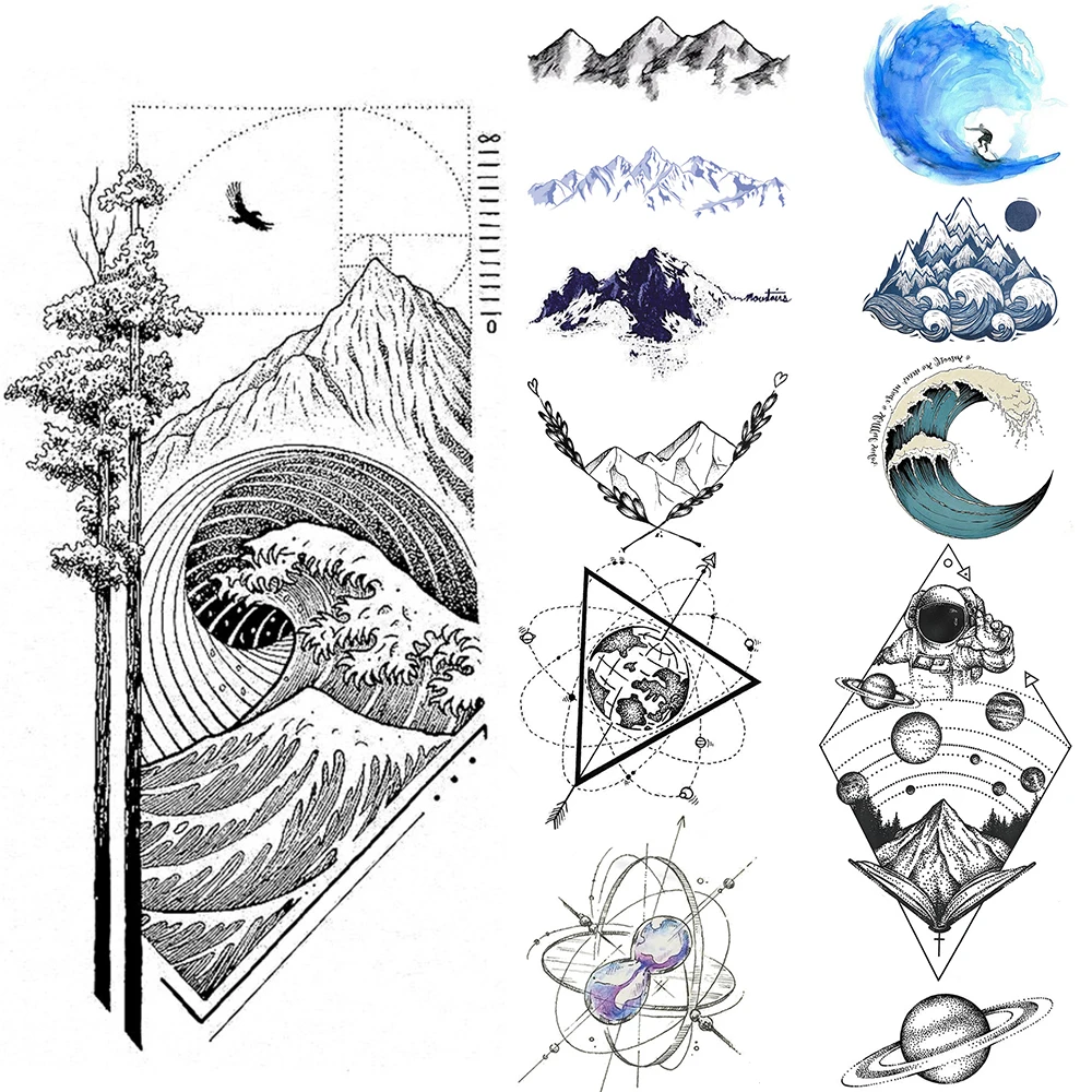 

River Temporary Tattoos For Kids Women Mountain Tree Wave Peak Tattoo Hill Planet Geometric Illustration Fake Tatoo Body Arm Art