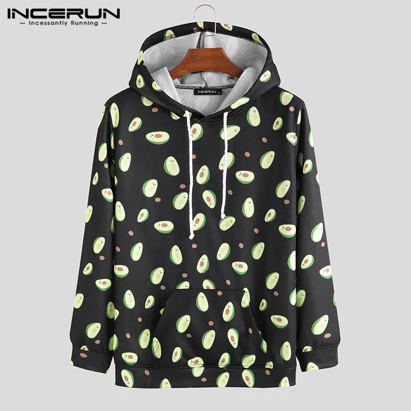 Черный INCERUN Personality Avocado Printed Hooded Men Long Sleeve Big Pockets Pullover Small Fresh Youth Mens Hoodies Sweatshirt Jogger - Цвет: Черный