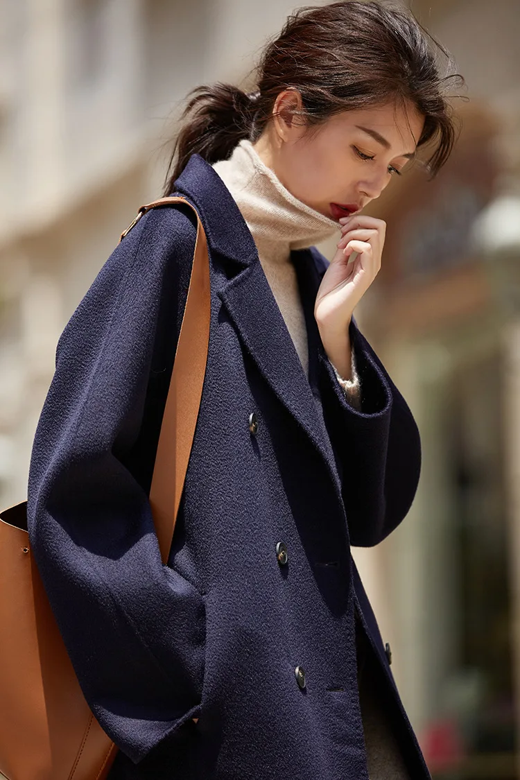 Зимние женские пальто, классическое двухстороннее кашемировое пальто, одноцветное двубортное шерстяное пальто, волнистое кашемировое пальто для женщин