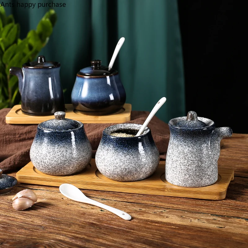 Ceramic Spice Container Seasoning Jar Set Wooden Pallets Salt Shaker Oil Can Vinegar Pot Spice Jar Seasoning Box Organizer