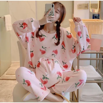 

Women's Flanne Pajama Sets Autumn Winter Cartoon Warm Pajamas Women Hoodies Pant Set Homewear Fruit Printed Sleepwear Cat Female