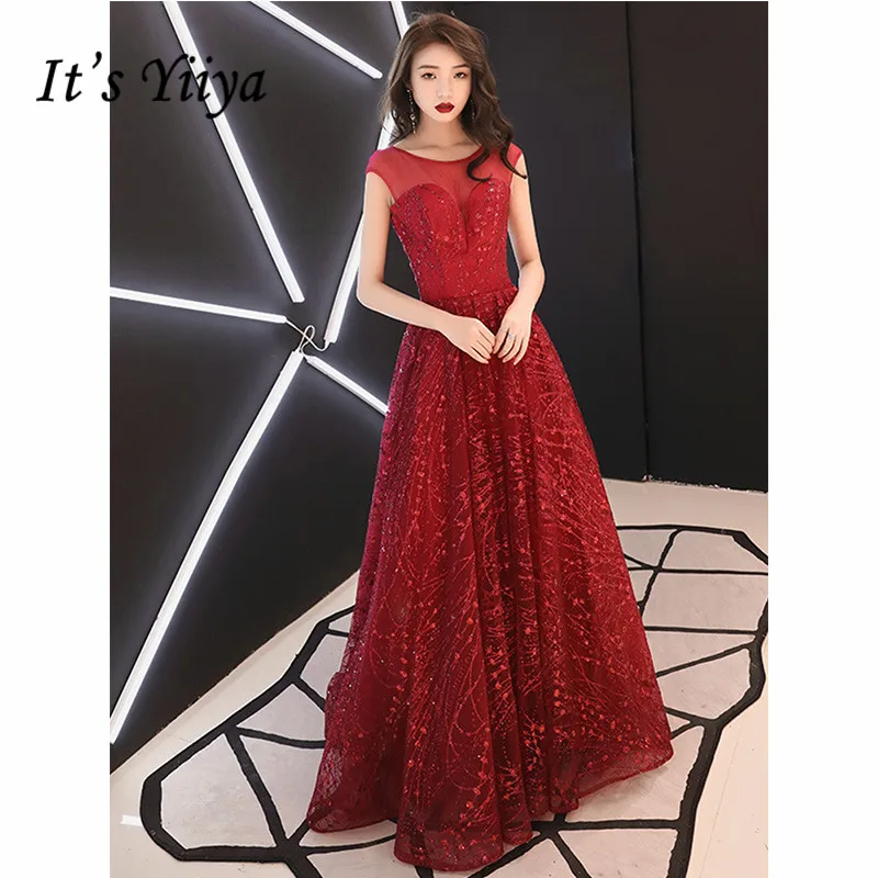 

It's Yiiya Evening Dress 2019 Sleeveless Sequins Shining O-Neck Princess Ball Gowns Burgundy Train Cut-out Formal Dresess E1068