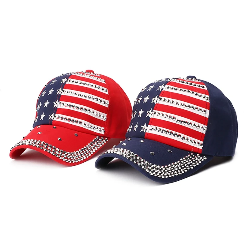 Бейсболка, блестящие стразы, с принтом американского флага, головной убор, для спорта на открытом воздухе, регулируемые, США