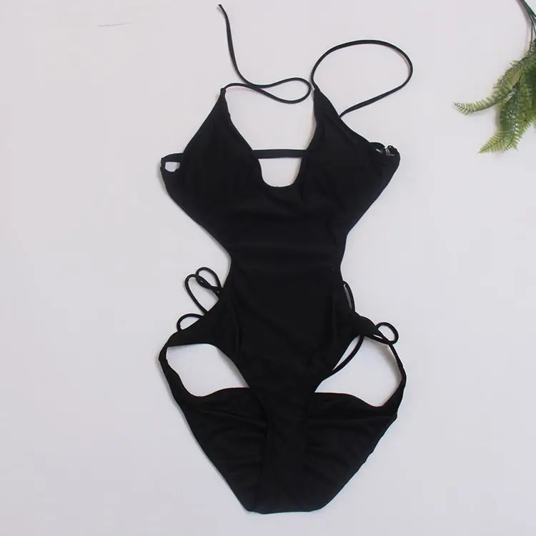 

New Style Europe And America One-piece Multi-Lanyard Backless Sexy Bathing Suit Women's after Belt Multi-Lanyard Pleated Swimmin