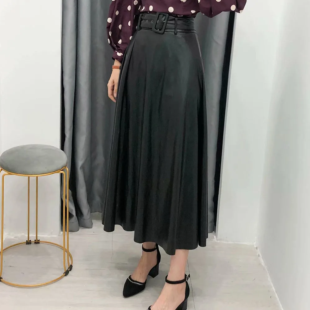 Woman Leather PU Skirt Causal Loose Black Autumn Fall A Line Long Midi Skirt Elegant Fashion Ladies Women High Waist Skirt