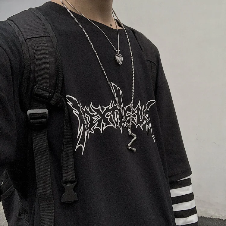 Woherb Harajuku Лоскутная полосатая футболка Женская Мужская Унисекс поддельная 2 шт. футболка с буквенным принтом Футболки с длинным рукавом Уличная одежда