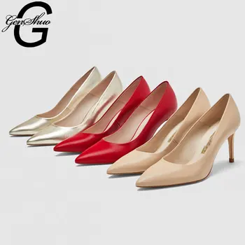 

GENSHUO Red Heels Wedding Shoes High Heeled Pointed Toe Black Nude Shallow Pumps Gold Women's Shoes 8cm Heel,Size 33-41 Pumps