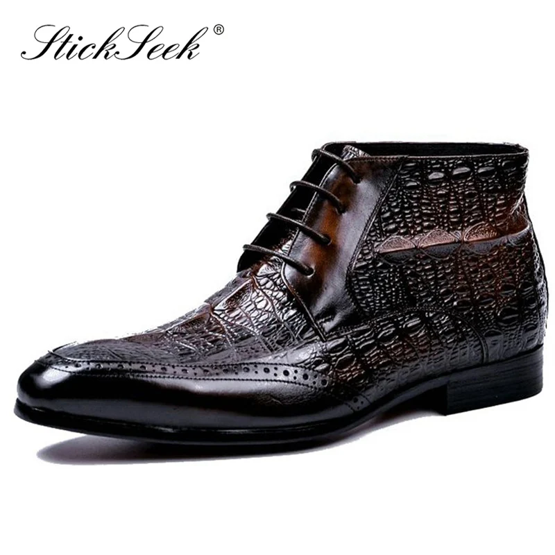 

Luxury Genuine Leather Formal Dress Man Ankle Boots Pointed Toe Alligator Pattern Men's Motorcycle Cowboy Riding Shoes AS243