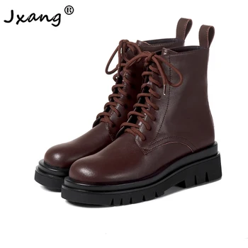 

JXANG Fashion High quality cowhide women Punk Style Retro Cool lace up ankle boots woman Motorcycle Boot Girls Knight boots