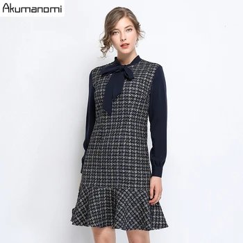 

Autumn Plaid Patchwork Dress Women Plus Size 5xl-l Casual Blue Bow Full Sleeve Spring Office Party Dress Vestidos Robe Sukienki