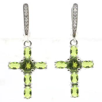 

37x15mm SheCrown Cross Shape Created Green Peridot CZ Woman's Jewelry Making Silver Earrings