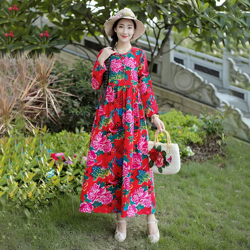 

2019 Autumn New Style Ethnic-Style Mid-length Large Size Dress Loose Cotton Linen Printed Big Hemline Long-sleeved Dress Women's