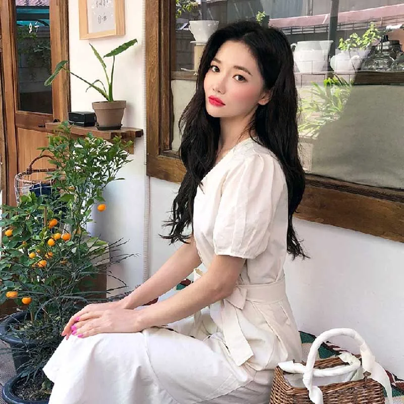 Women Dresses 2020 New Summer Vintage High Waist V-Neck Casual Dress Lady Single Breasted Lace Up Bow Puff Sleeve Dress Vestidos