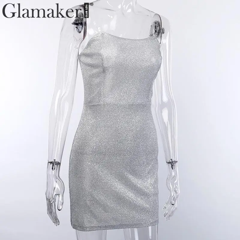 Glamaker, серебристое летнее платье без рукавов с люрексом и открытыми плечами, женское элегантное облегающее платье с открытой спиной, весенние сексуальные вечерние платья для клуба