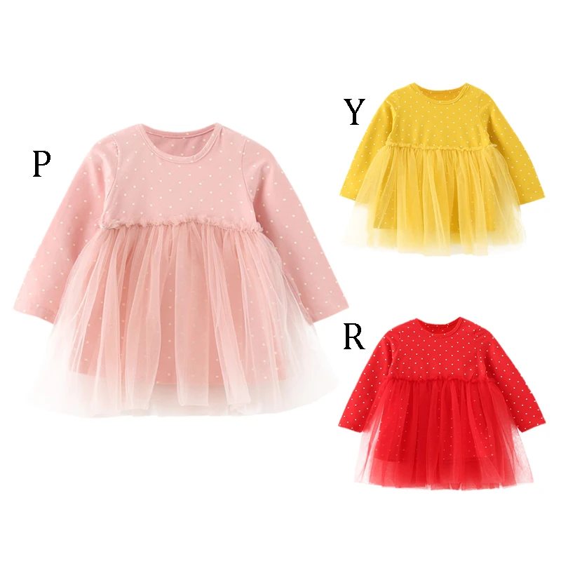 Autumn New 0-4T Baby Girl Dress Lovely Toddler Girl Dot Pattern Mesh Stitching Dresses Korean Style Long-sleeved Girls Dresses