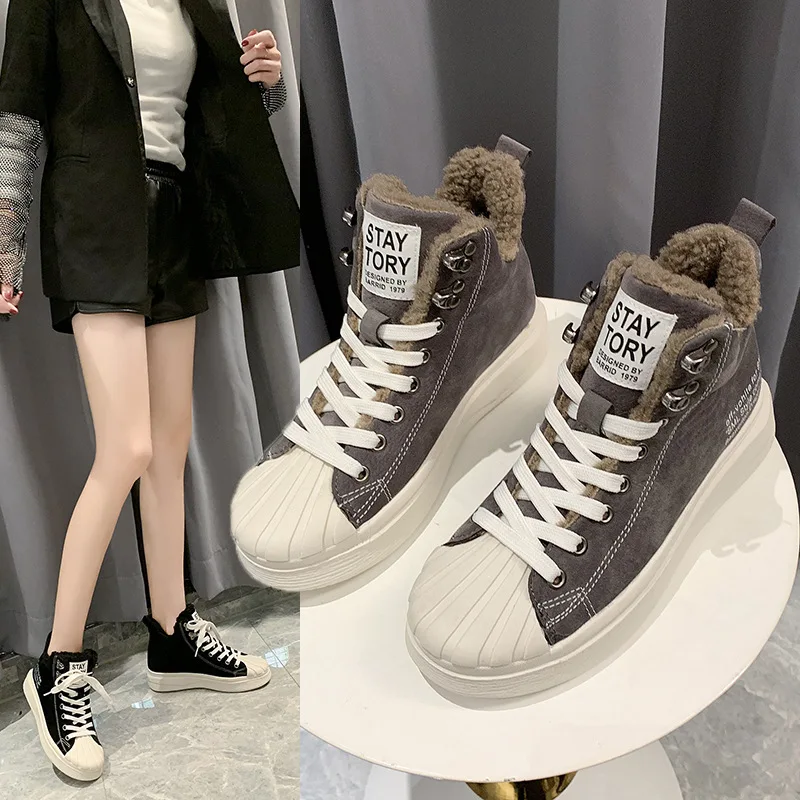 

W- Best selling winter new casual fashion warm high-top frosted leather plus velvet shell head lace-up flat women's shoes