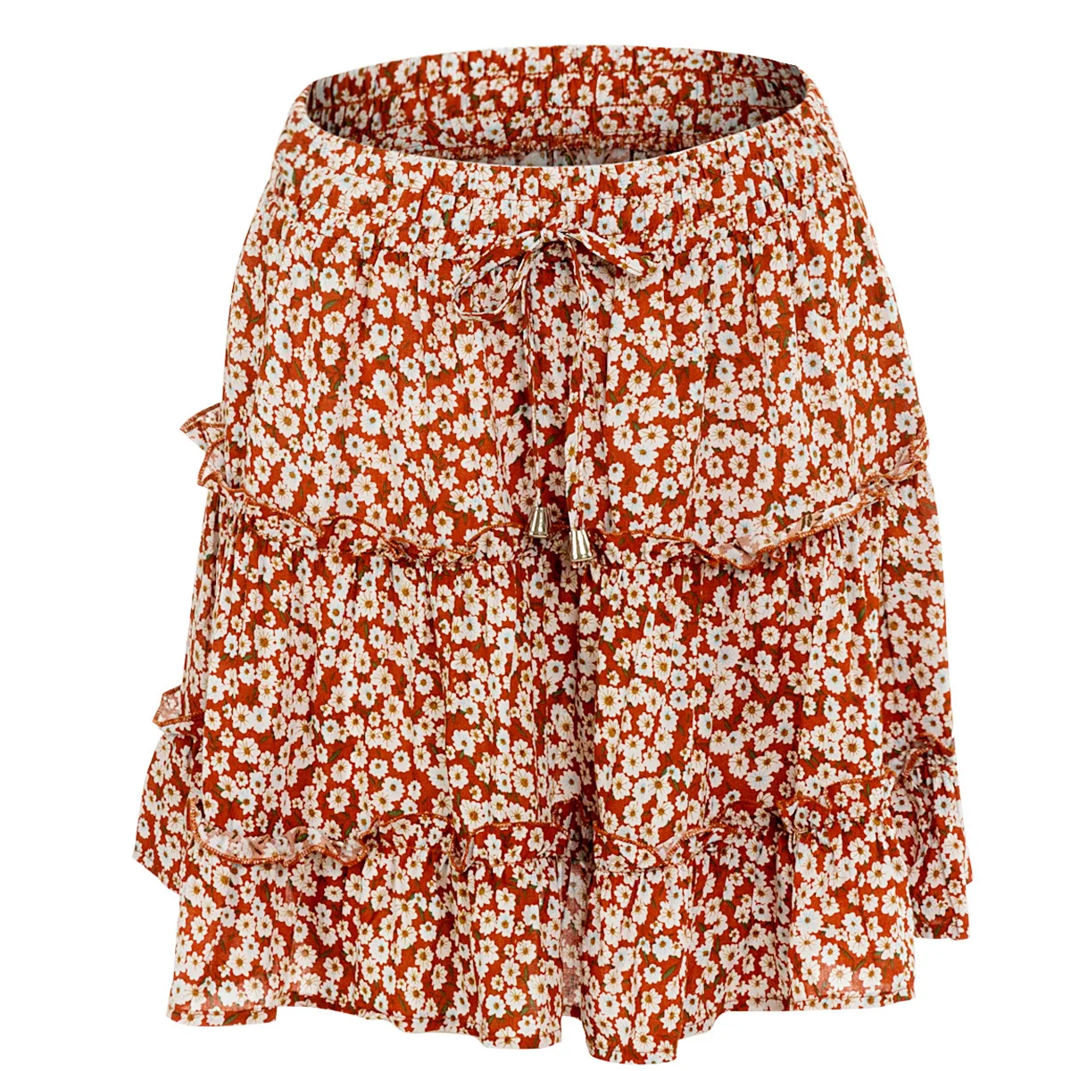 Женская юбка с завышенной талией в виде листьев лотоса, длиной до середины голени, с принтом, Пляжная трапециевидная короткая юбка